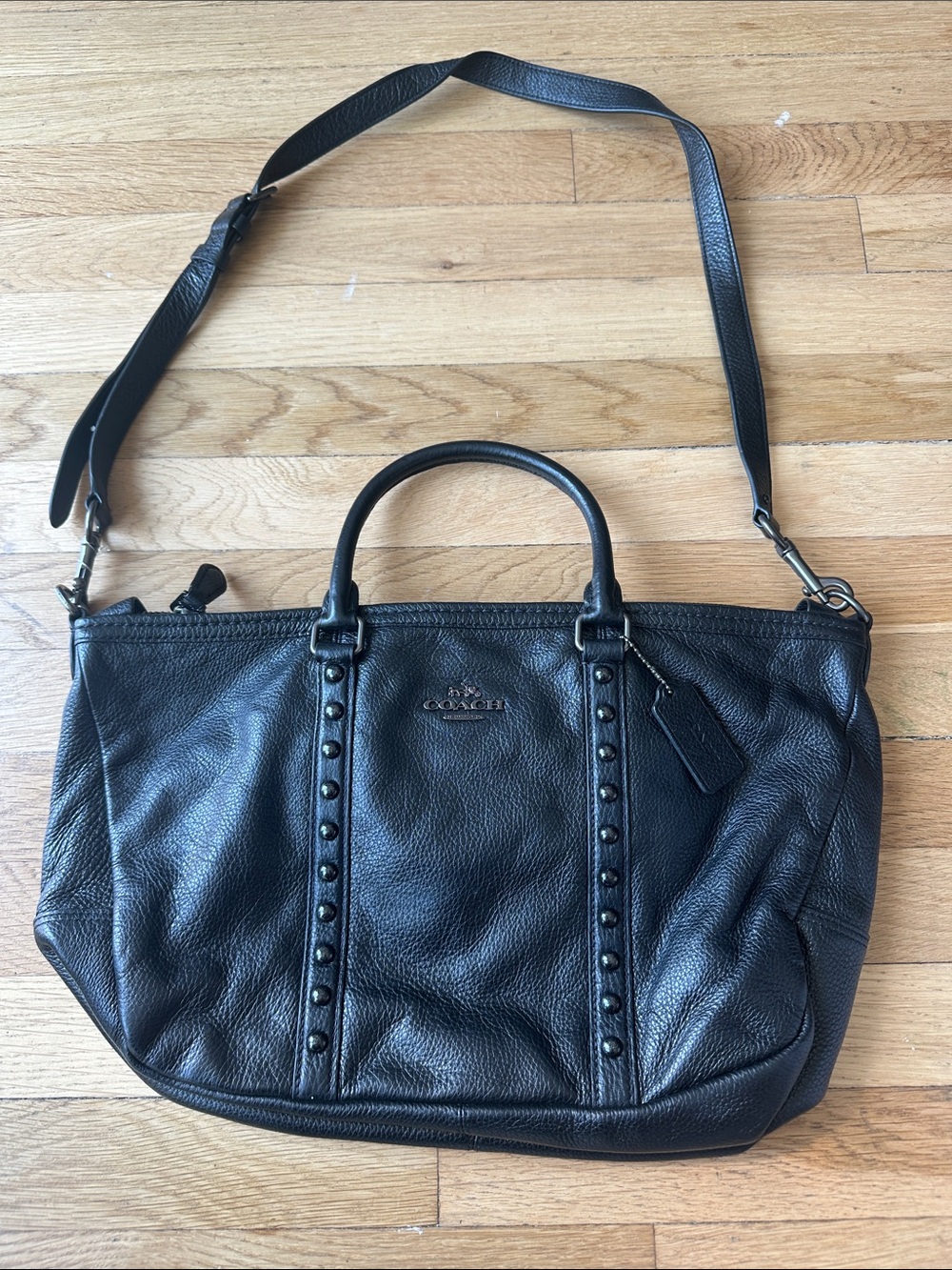 Coach Black Pebbled Leather Studded Tote with Strap